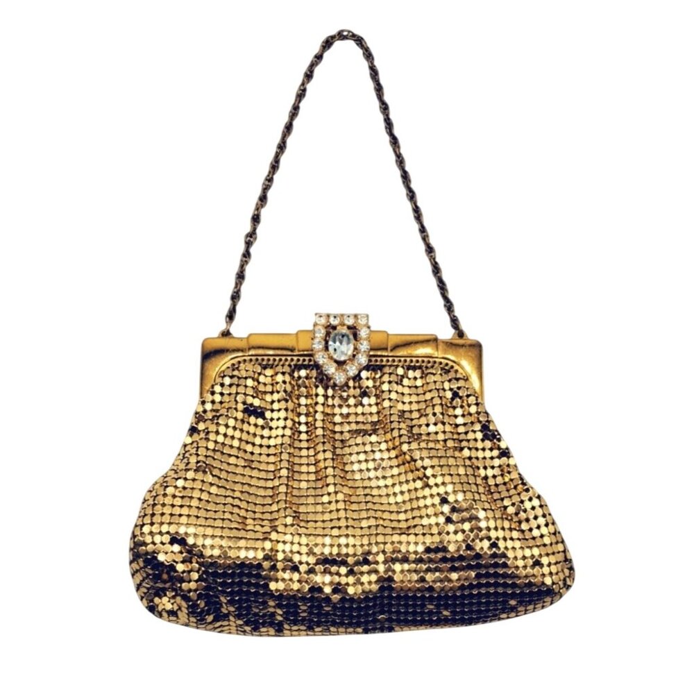 Whiting & Davis Mesh Evening Bag Women Small Gold Vintage Rhinestone Clasp